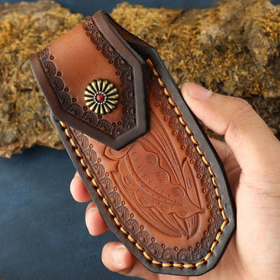 Leaves Embossing Pattern Folding Knife Sheath Leather Belt Bag