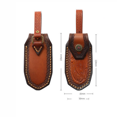 Leaves Embossing Pattern Folding Knife Sheath Leather Belt Bag