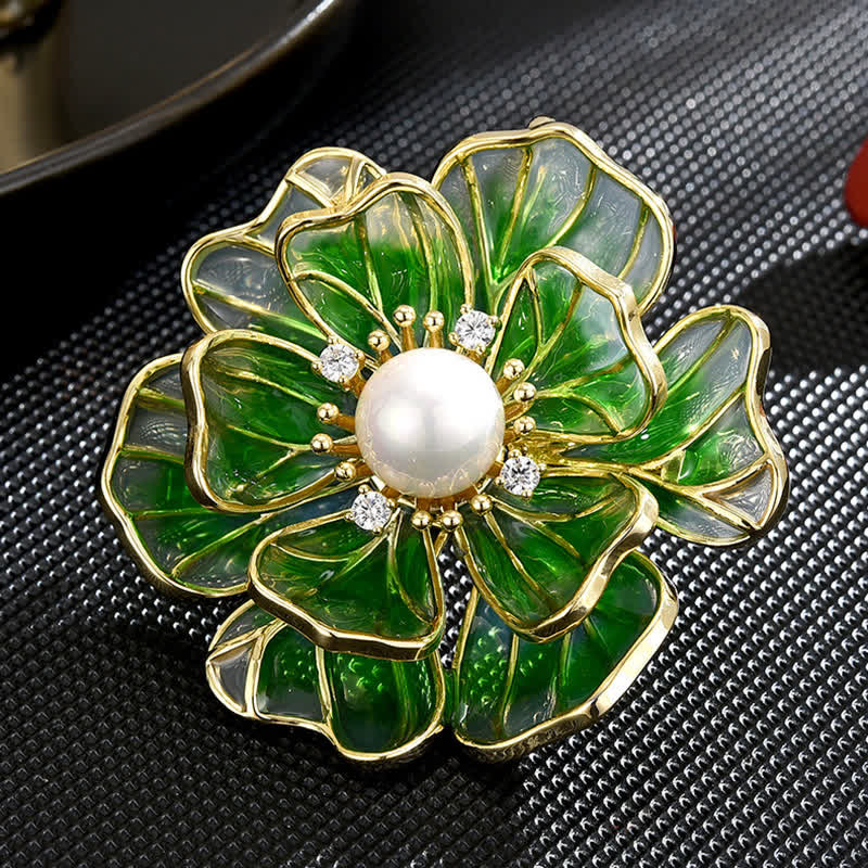 Women's Green Peony Gold Plated Enamel Brooch