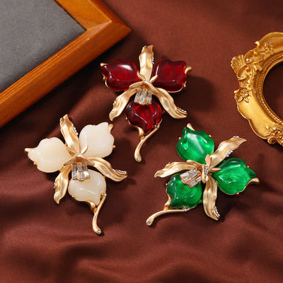 Women's Metallic Brass Orchid Resin Petal Flower Brooch