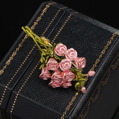 Women's Cute Pink & Green Rose Bouquet Brooch