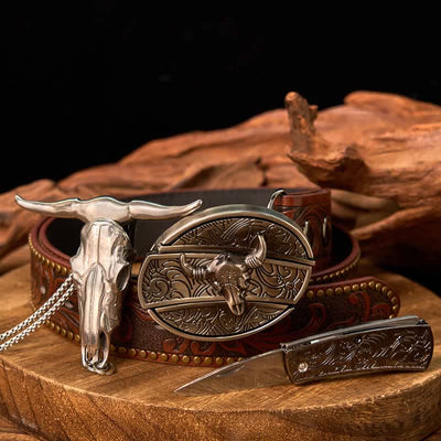 Western Gadget DIY Hidden Knife Buckle Longhorn Bull Pendant Bundle Set