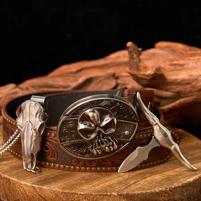 Western Gadget DIY Hidden Knife Buckle Longhorn Bull Pendant Bundle Set