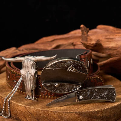 Western Gadget DIY Hidden Knife Buckle Longhorn Bull Pendant Bundle Set