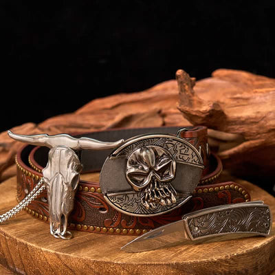 Western Gadget DIY Hidden Knife Buckle Longhorn Bull Pendant Bundle Set