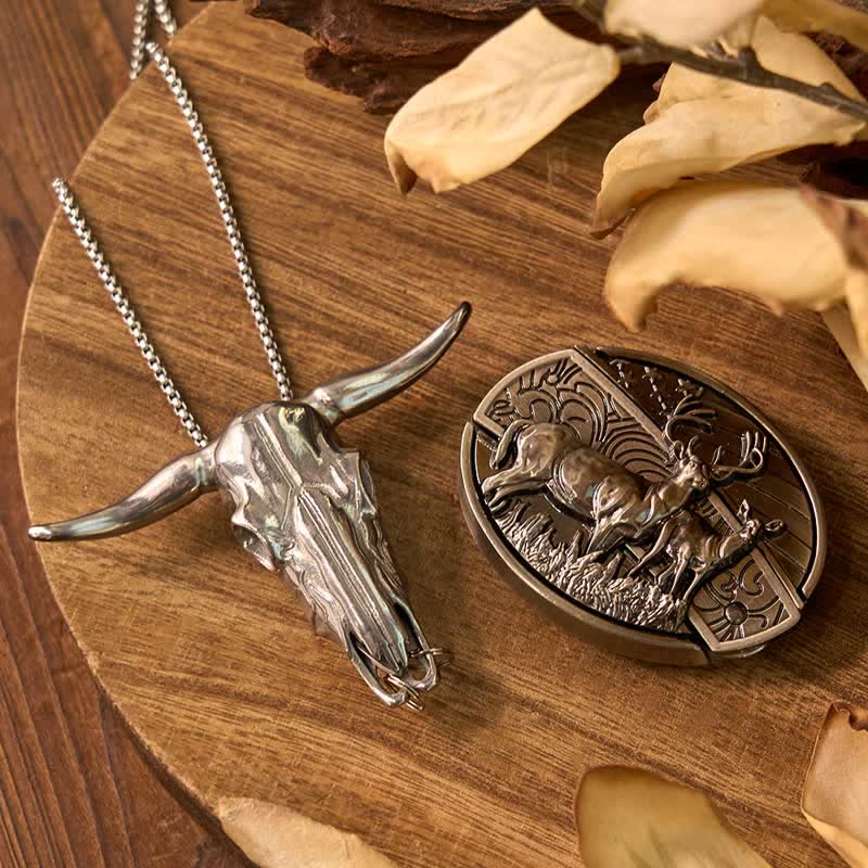 Western Gadget DIY Hidden Knife Buckle Longhorn Bull Pendant Bundle Set