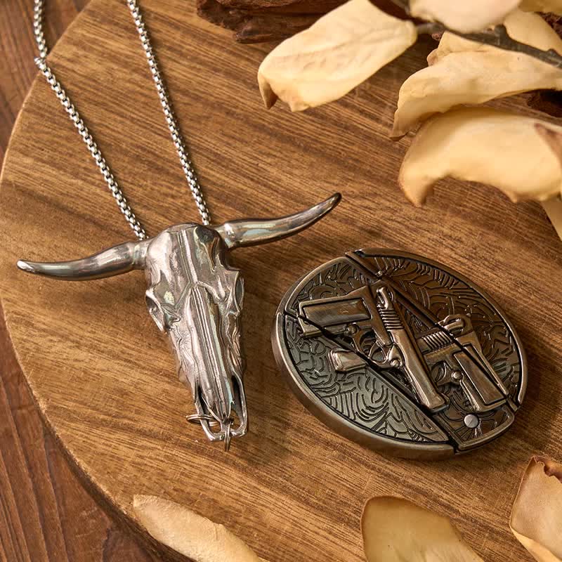 Western Gadget DIY Hidden Knife Buckle Longhorn Bull Pendant Bundle Set