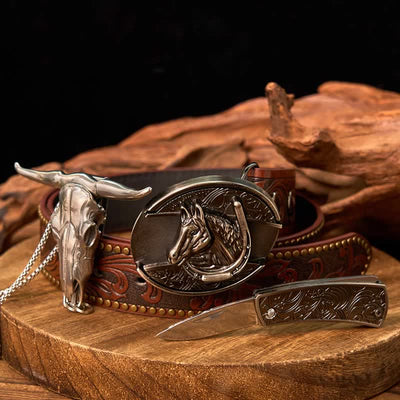 Western Gadget DIY Hidden Knife Buckle Longhorn Bull Pendant Bundle Set