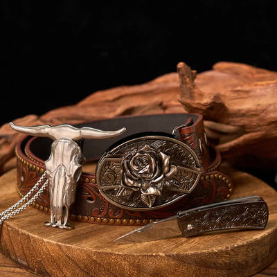 Western Gadget DIY Hidden Knife Buckle Longhorn Bull Pendant Bundle Set