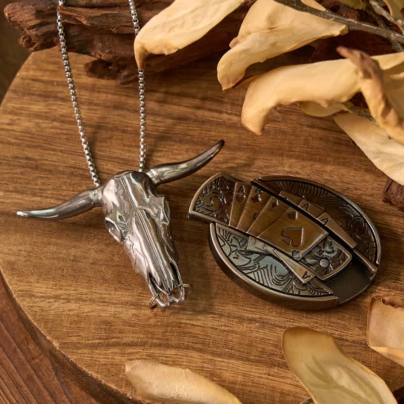 Western Gadget DIY Hidden Knife Buckle Longhorn Bull Pendant Bundle Set