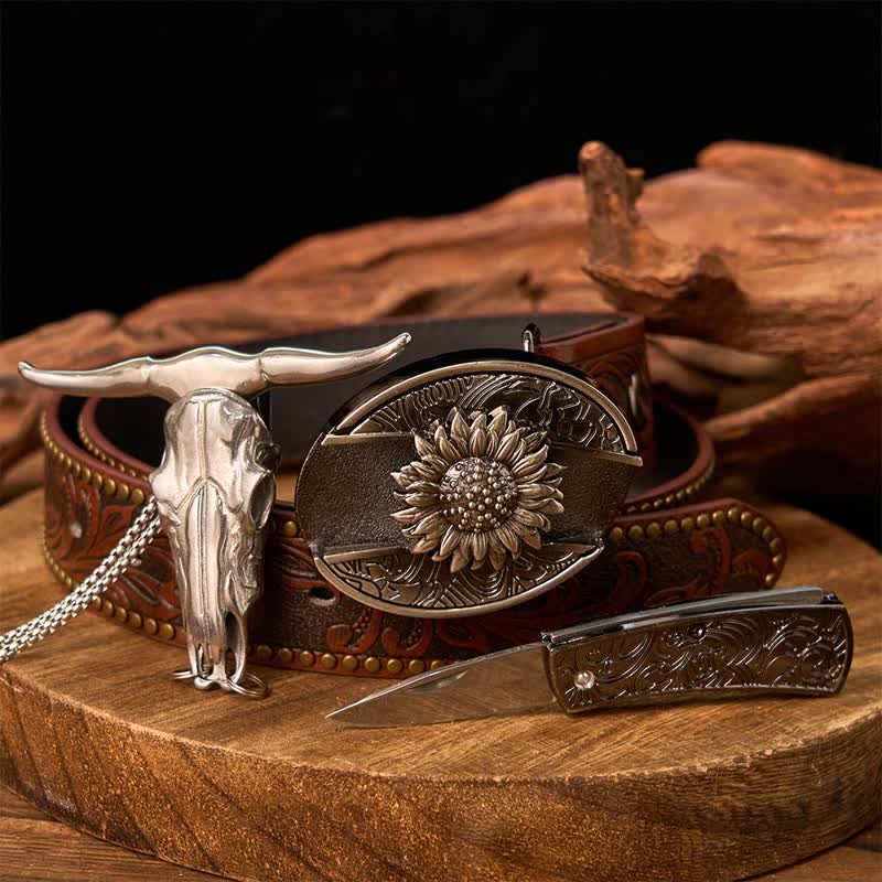 Western Gadget DIY Hidden Knife Buckle Longhorn Bull Pendant Bundle Set