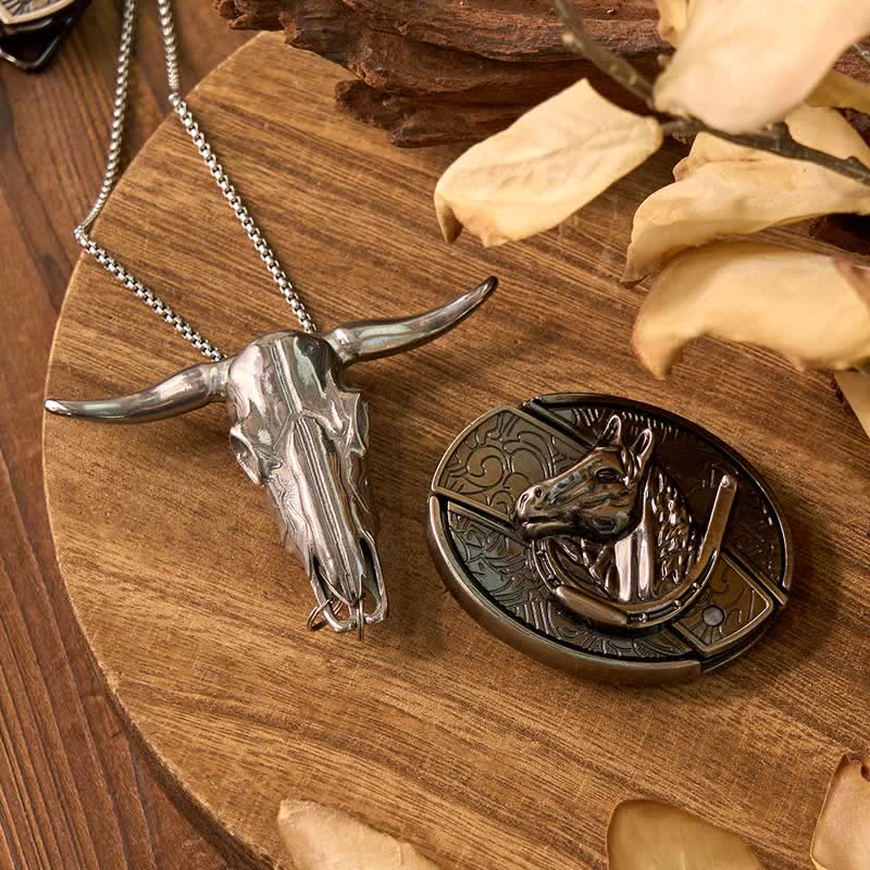 Western Gadget DIY Hidden Knife Buckle Longhorn Bull Pendant Bundle Set