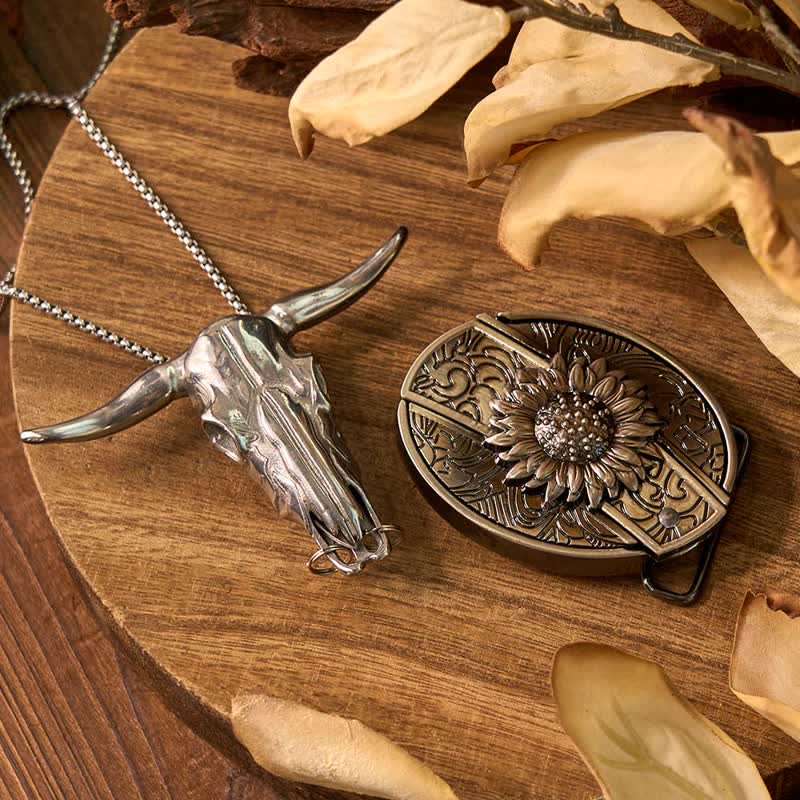 Western Gadget DIY Hidden Knife Buckle Longhorn Bull Pendant Bundle Set