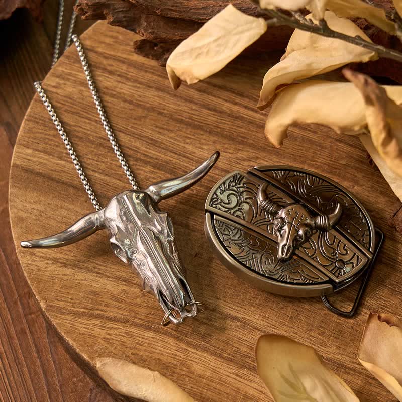 Western Gadget DIY Hidden Knife Buckle Longhorn Bull Pendant Bundle Set