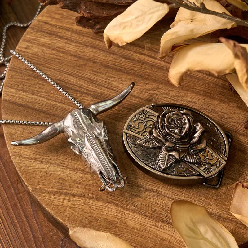 Western Gadget DIY Hidden Knife Buckle Longhorn Bull Pendant Bundle Set