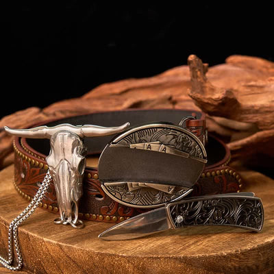 Western Gadget DIY Hidden Knife Buckle Longhorn Bull Pendant Bundle Set