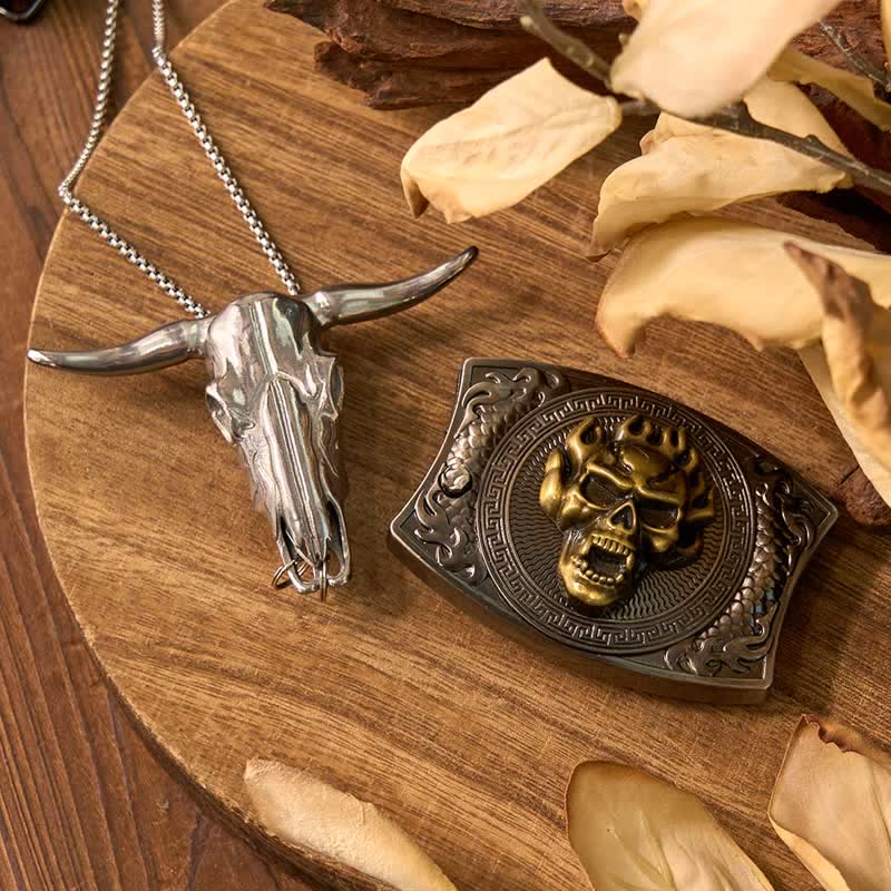 Western Gadget DIY Hidden Knife Buckle Longhorn Bull Pendant Bundle Set