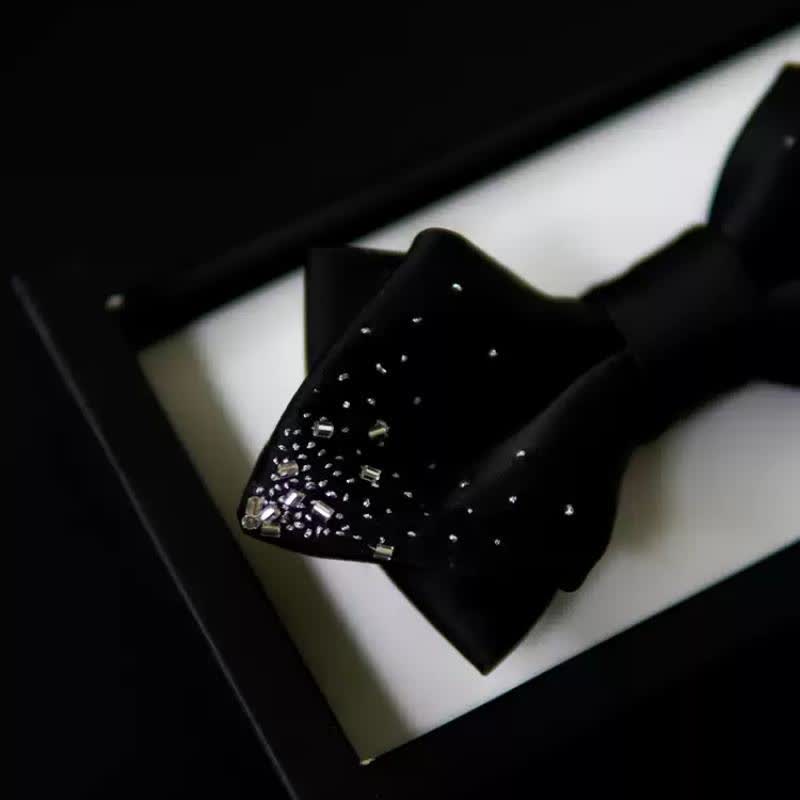 Men's Black Silver Wire Double Layers Pointy Bow Tie