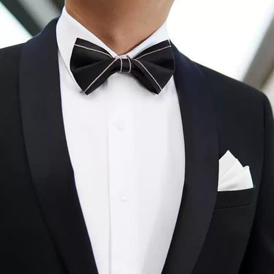 Men's Silver Accents Chain Solid Black Bow Tie