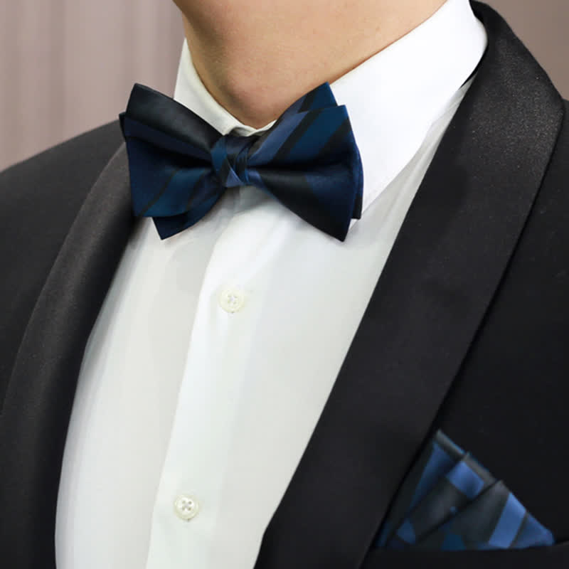 Men's Noble Navy SteelBlue Striped Pattern Bow Tie