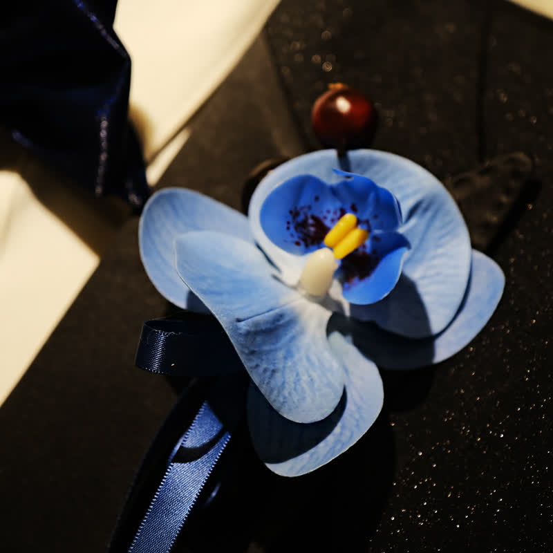 3Pcs Men's Blue Phalaenopsis Brooch Handkerchief Fishtail Bow Tie Set