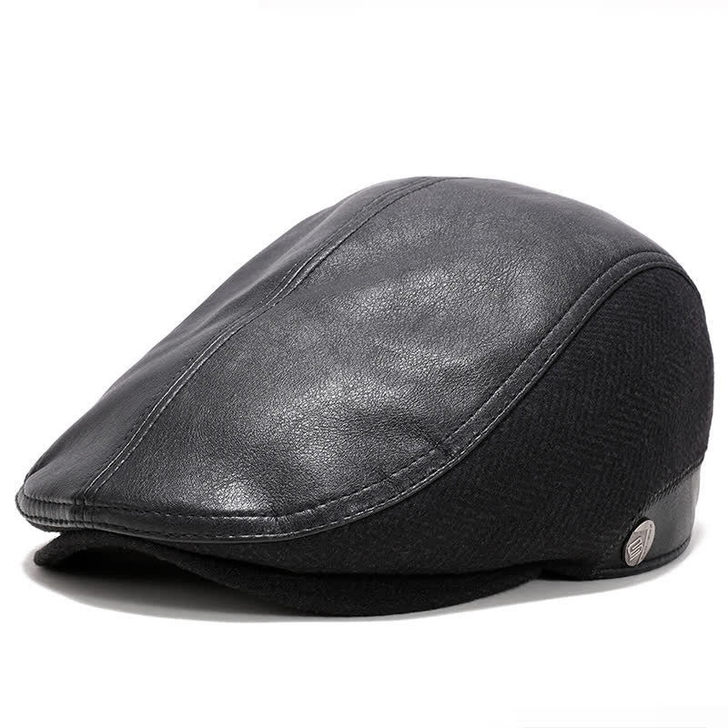 Artist Painter Leather Beret Hat with Button Earflaps