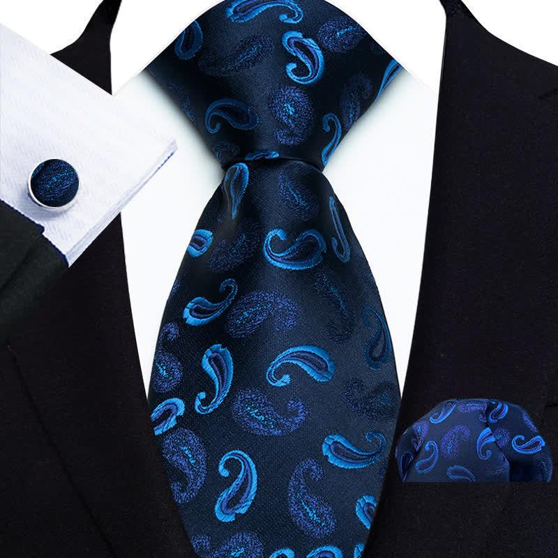 3Pcs Men's Classy Royal Blue Paisley Necktie Set