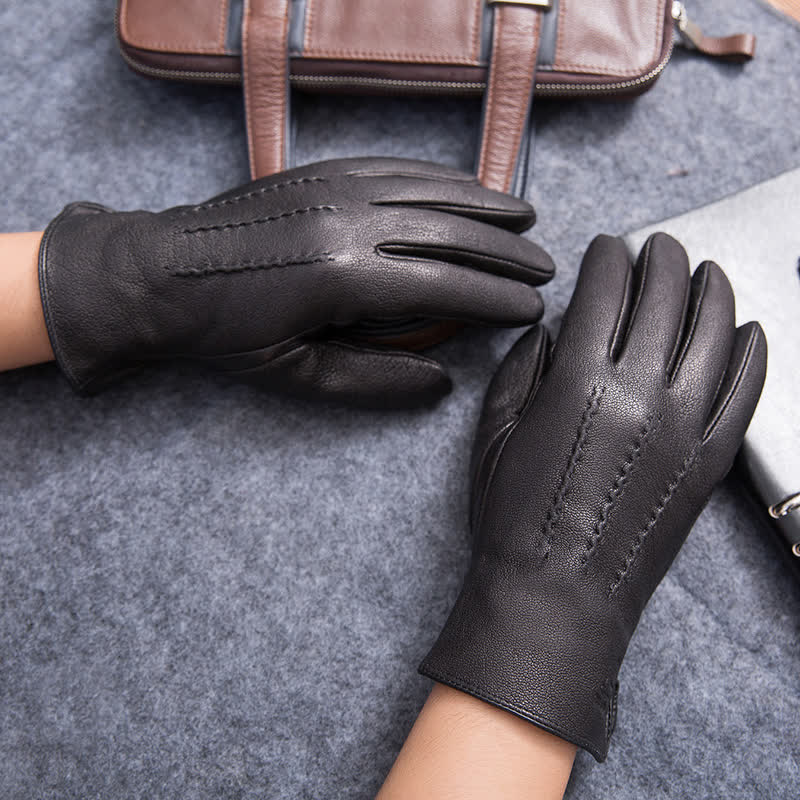 Plush Lining Warm Anti Slip Leather Gloves