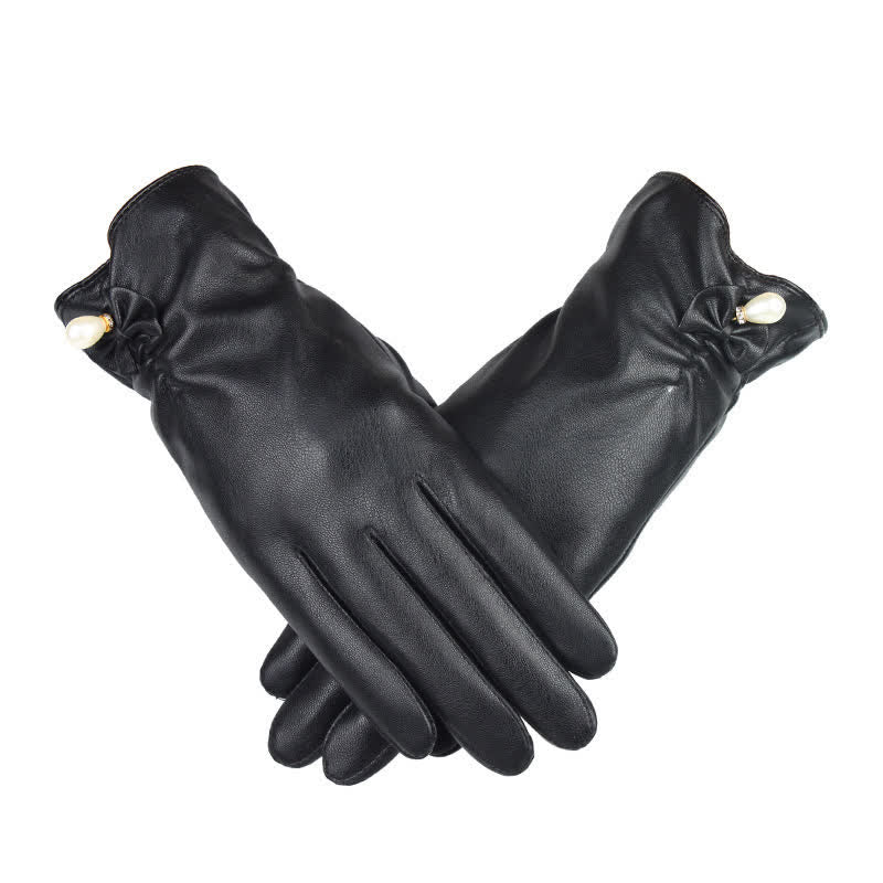 Women's Winter Velvet Pearl Leather Gloves