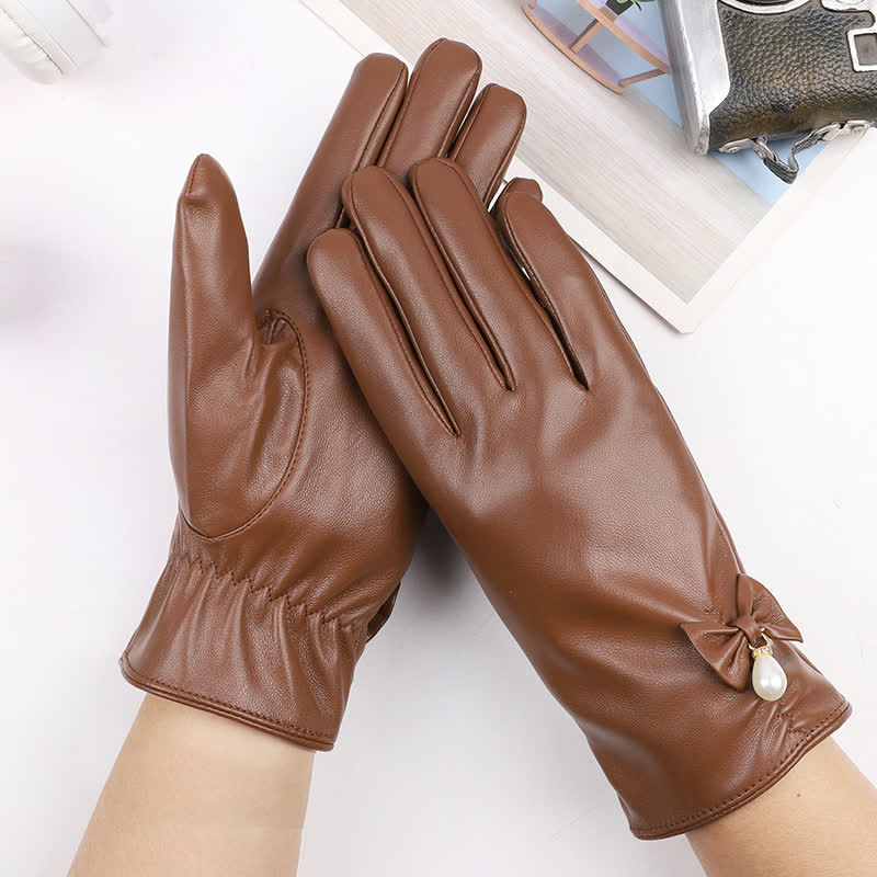 Women's Winter Velvet Pearl Leather Gloves