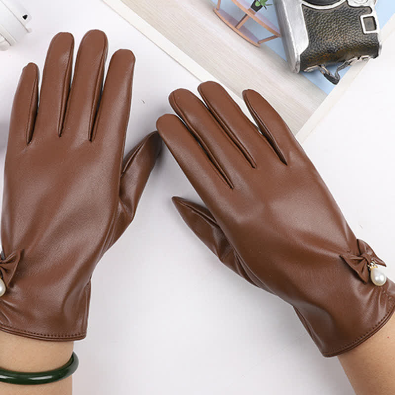 Women's Winter Velvet Pearl Leather Gloves