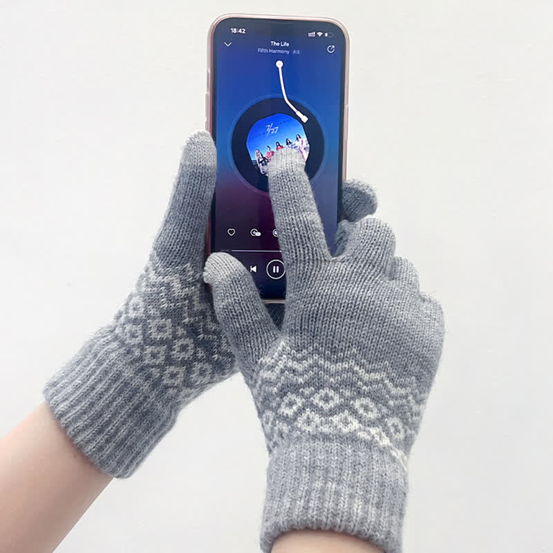 Wave Print Touch Screen Warm Plus Velvet Knitted Gloves