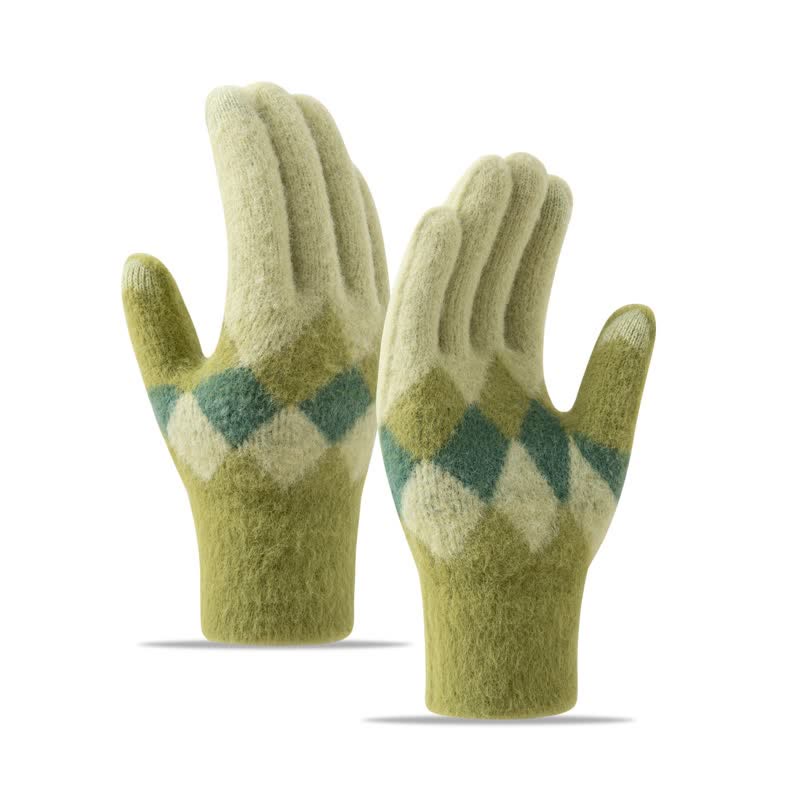 Colorful Diamond Pattern Warm Plush Knitted Gloves