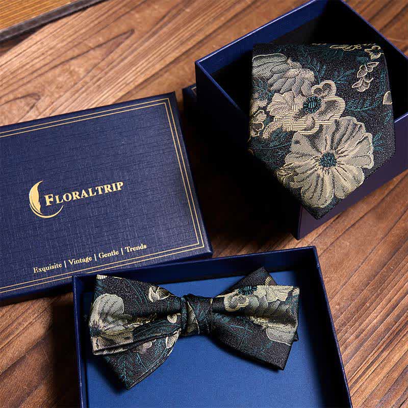 Night Dark Green Floral Necktie & Bow Tie Bundle Set