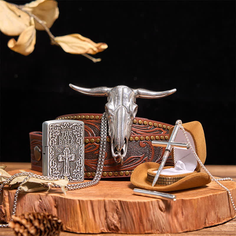 Holy Bible Lighter Longhorn Bull Pendant Cross Necklace Bundle Set