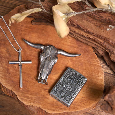 Holy Bible Lighter Longhorn Bull Pendant Cross Necklace Bundle Set