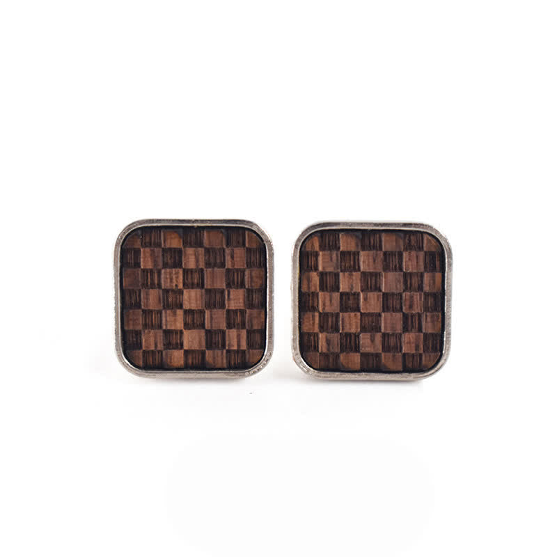 Men's Darkened Small Checkerboard Squares Wooden Cufflinks