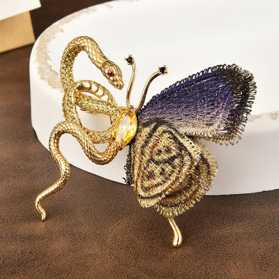 Women's Purple Embroidery Butterfly & Gold Snake Brooch