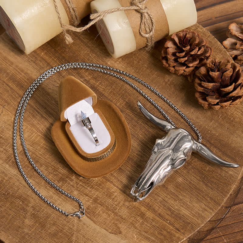 Longhorn Bull Pendant Hidden Blade Ring Bundle Set