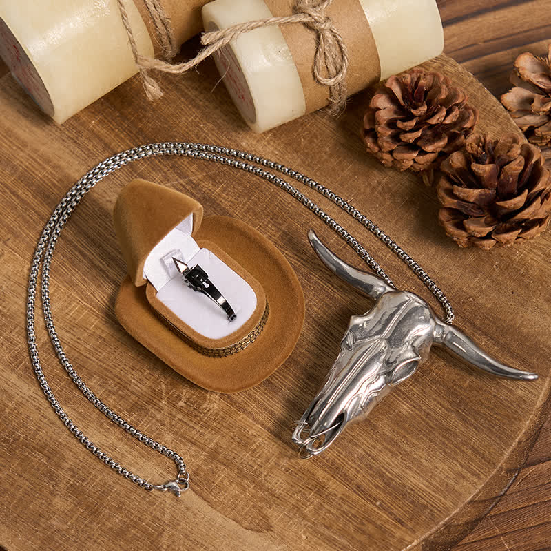 Longhorn Bull Pendant Hidden Blade Ring Bundle Set