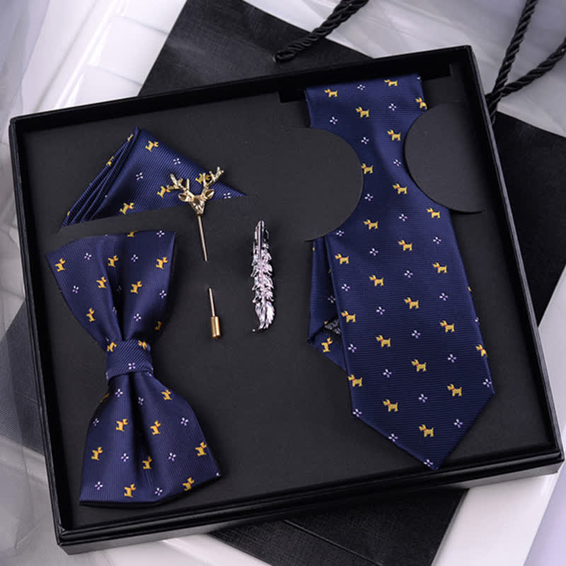 5Pcs Men's Navy Puppy Motifs Bow Ties Gift Box