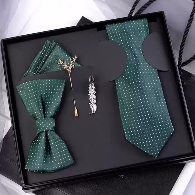 5Pcs Men's Dark Green White Polka Dots Bow Ties Gift Box