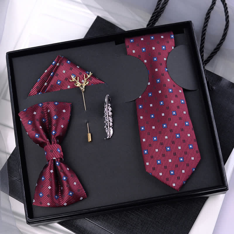 5Pcs Men's Burgundy Square Dots Bow Ties Gift Box