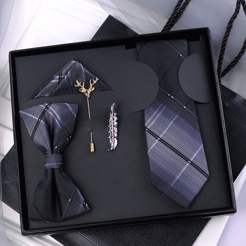 5Pcs Men's Black & Gray Gradient Plaid Bow Ties Gift Box