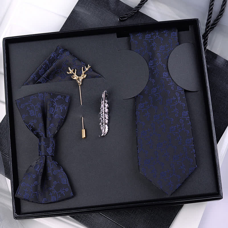 5Pcs Men's  Black & Dark Blue Floral Bow Ties Gift Box