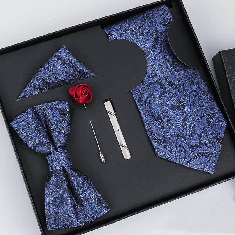 5Pcs Men's Luxurious Blue & Black Paisley Bow Ties Gift Box