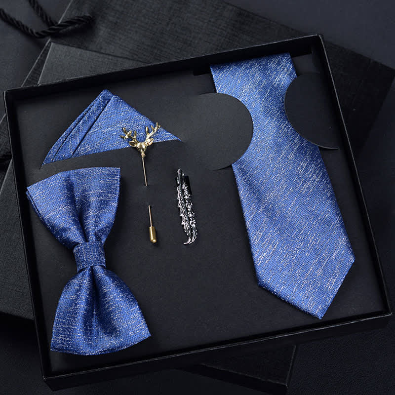 5Pcs Men's Cool Blue Twilled Zipper Necktie Bow Ties Gift Box