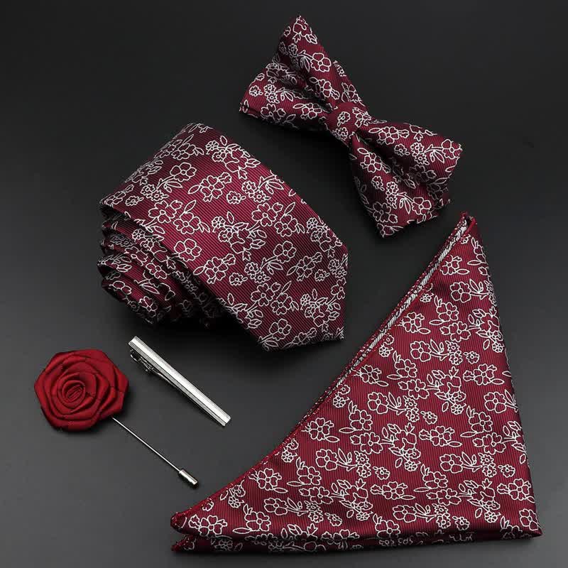 5Pcs Men's Burgundy Floral Paisley Bow Ties Gift Box