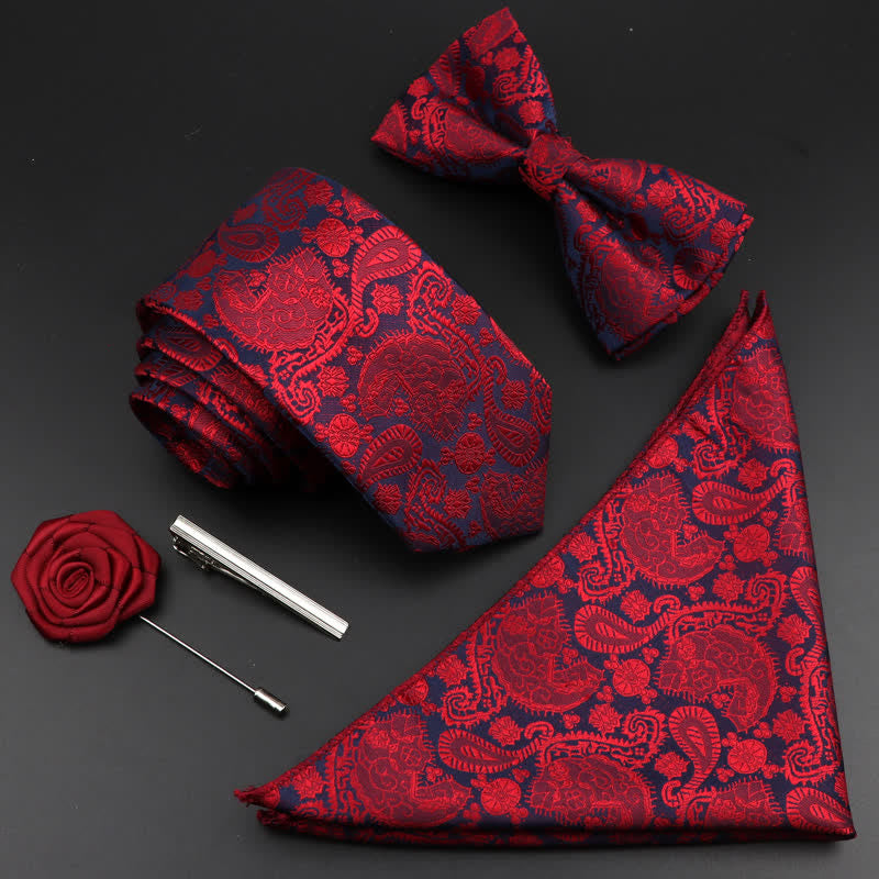 5Pcs Men's Burgundy Floral Paisley Bow Ties Gift Box