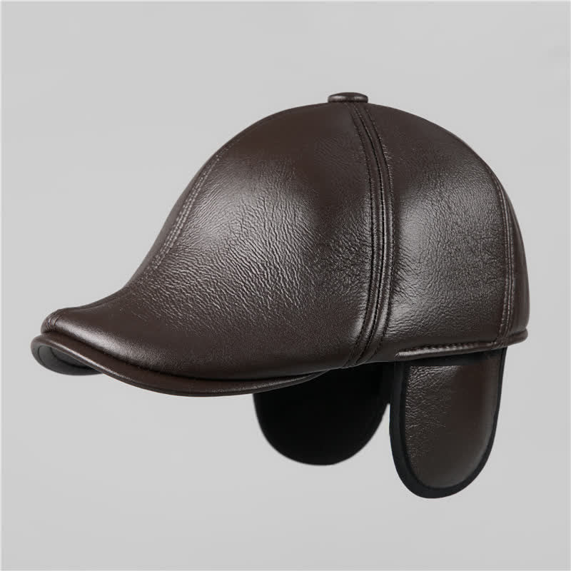 Black Ivy Cap Warm Earmuffs Leather Beret Hat